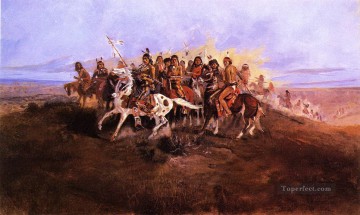 アメリカインディアン Painting - 戦争党チャールズ・マリオン・ラッセル・アメリカン・インディアン